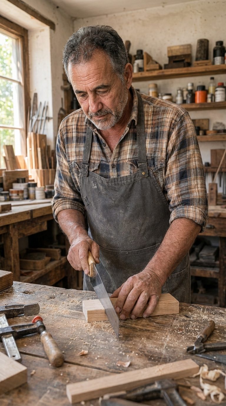 Tomás cortando madera en el taller